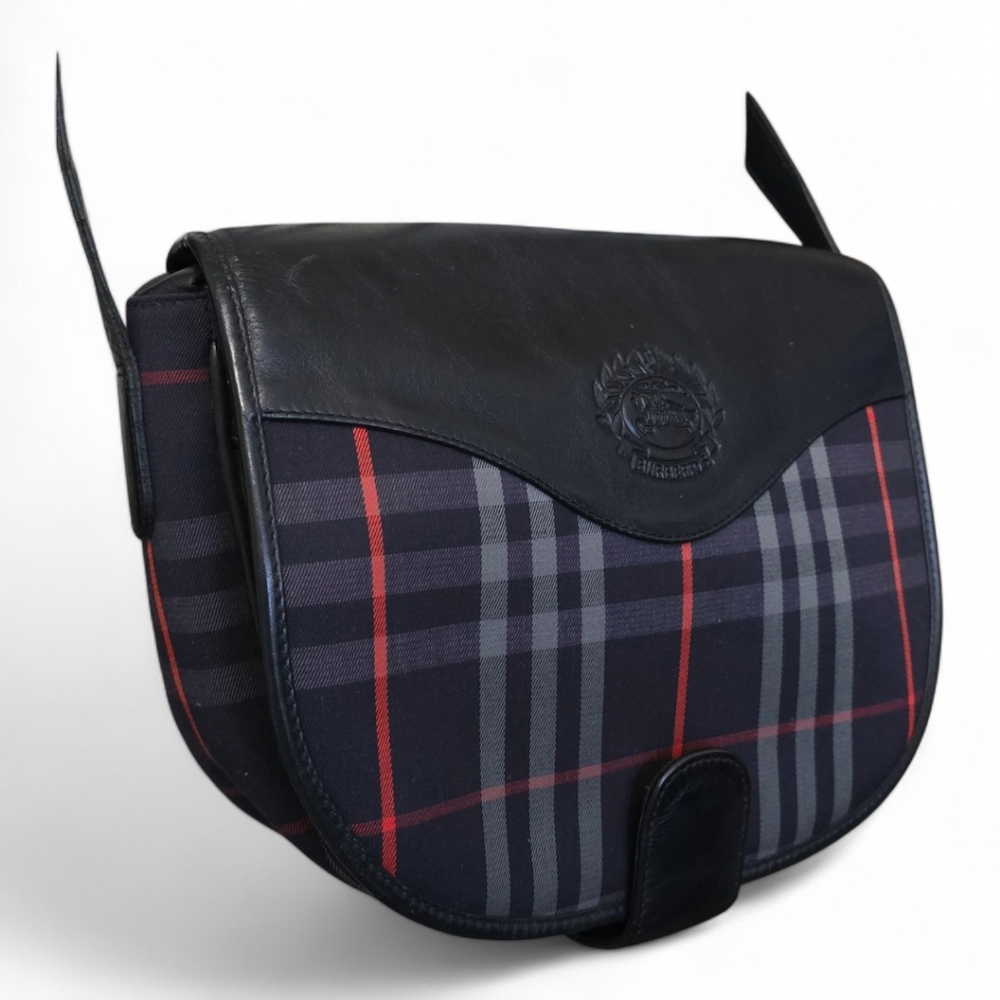 Burberry Navy Plaid Leather Trim Saddle Bag with Red Accents